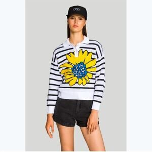 NWOT OBEY FLOWER STRIPE POLO SWEATER (XS)